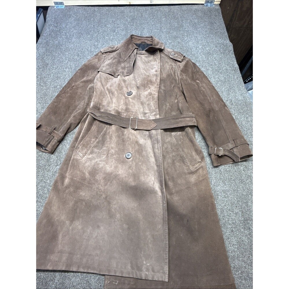 Vintage Barneys New York Genuine Suede Trench Coat Men’s Size 44 Belted Brown
